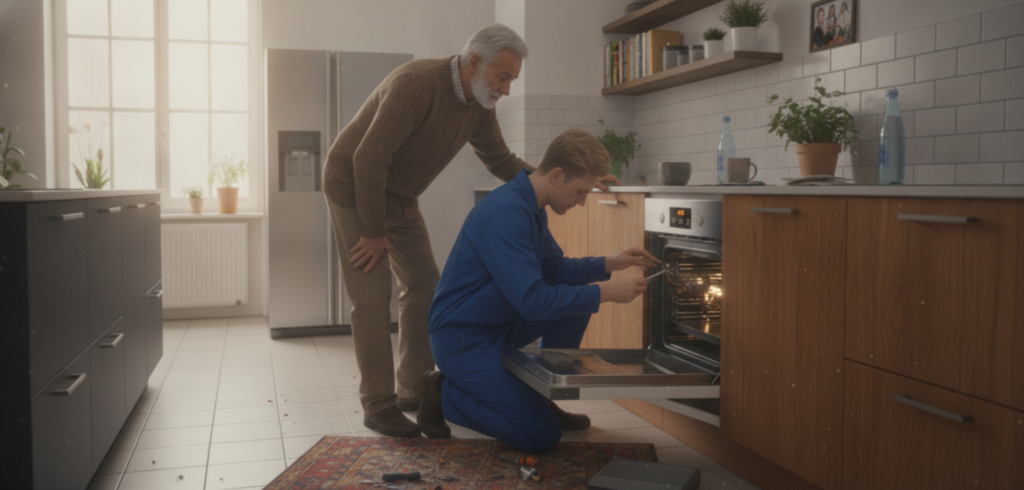 Ein Techniker in blauem Arbeitsanzug repariert einen Backofen in einer Küche, während ein älterer Mann zusieht - E-Herd und Backofen Reparatur vom Fachmann für alle Marken