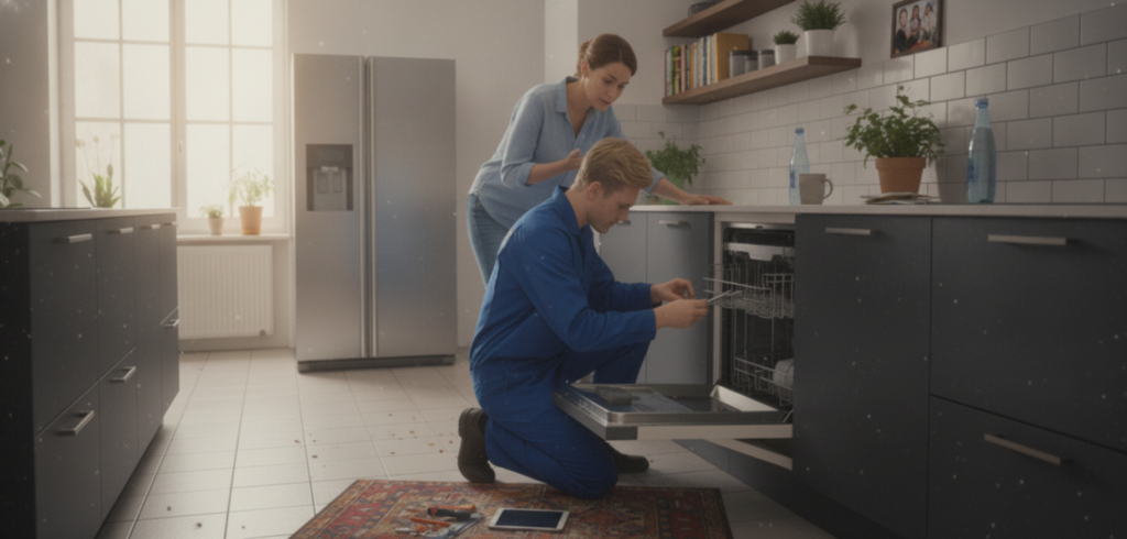 Ein Techniker repariert einen Geschirrspüler in einer Küche, während eine Kundin zusieht - Spülmaschine Reparatur durch den Fachbetrieb