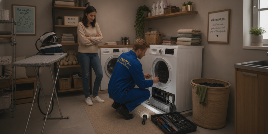 Ein Techniker repariert einen Wäschetrockner in einer Waschküche, während eine Frau daneben steht und zusieht - Trockner Reparatur in Ihrer Nähe