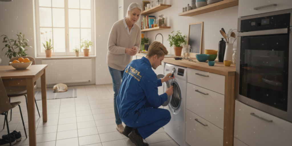 Ein Techniker repariert eine Waschmaschine in einer Küche, während eine ältere Frau zuschaut - Waschmaschinen-Reparatur in der Nähe